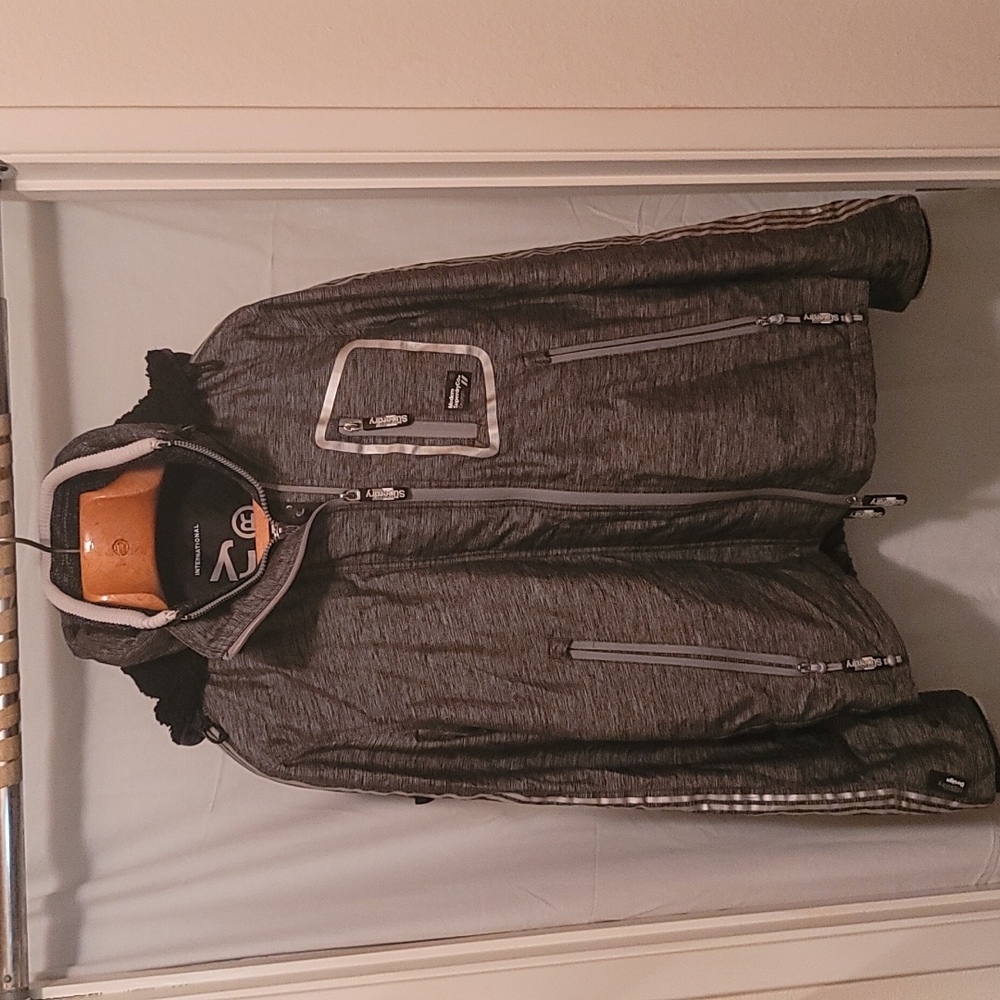 SuperDry Jacket, size LG,Blued heather grey color,reflective stripes and accents